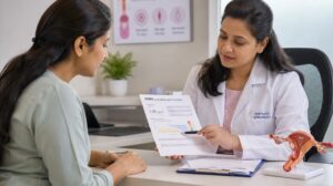 Woman discussing low AMH fertility report with a fertility specialist