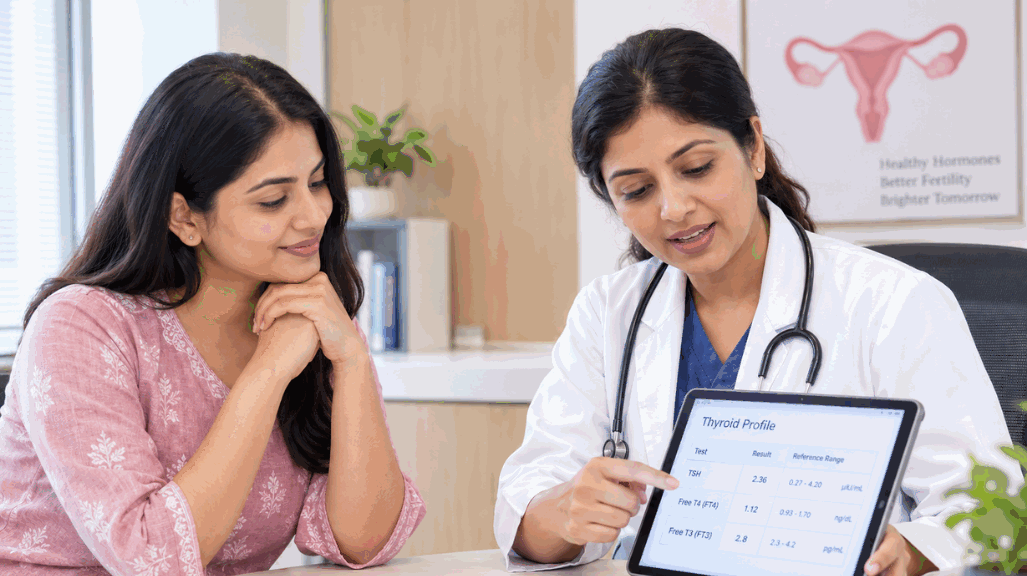Woman discussing thyroid test results and pregnancy planning with a fertility
